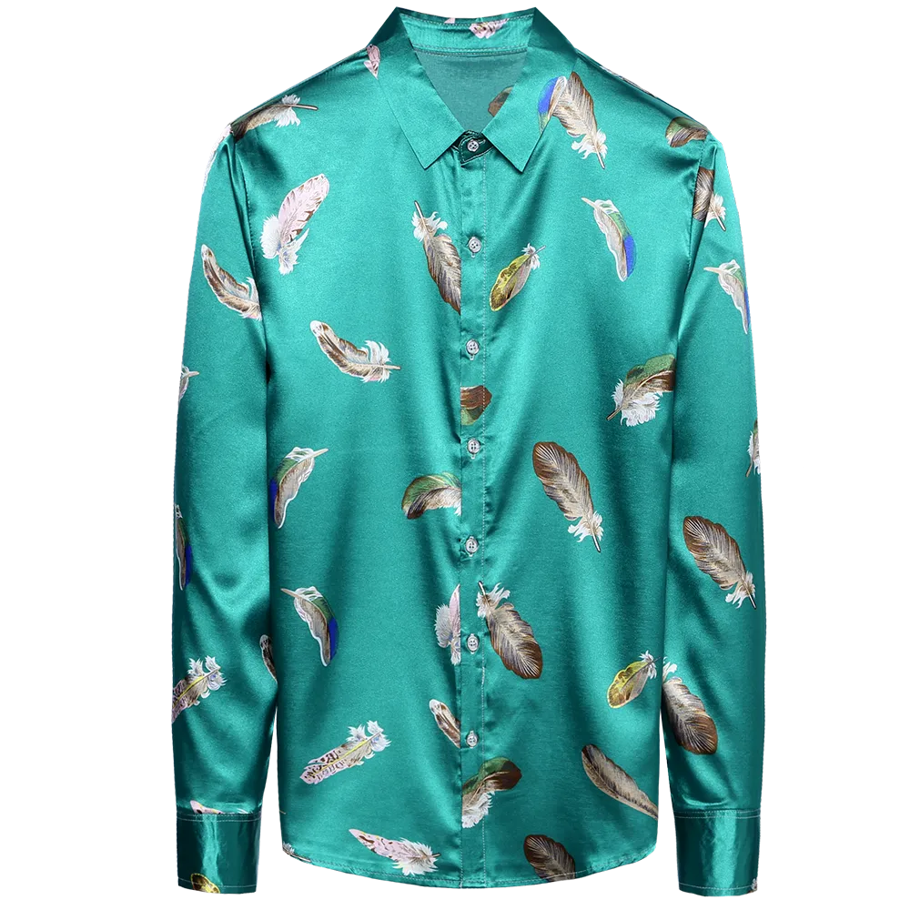 Men's Casual Streetwear Feather Printed Slim Regular Fit Long Sleeve Shirt