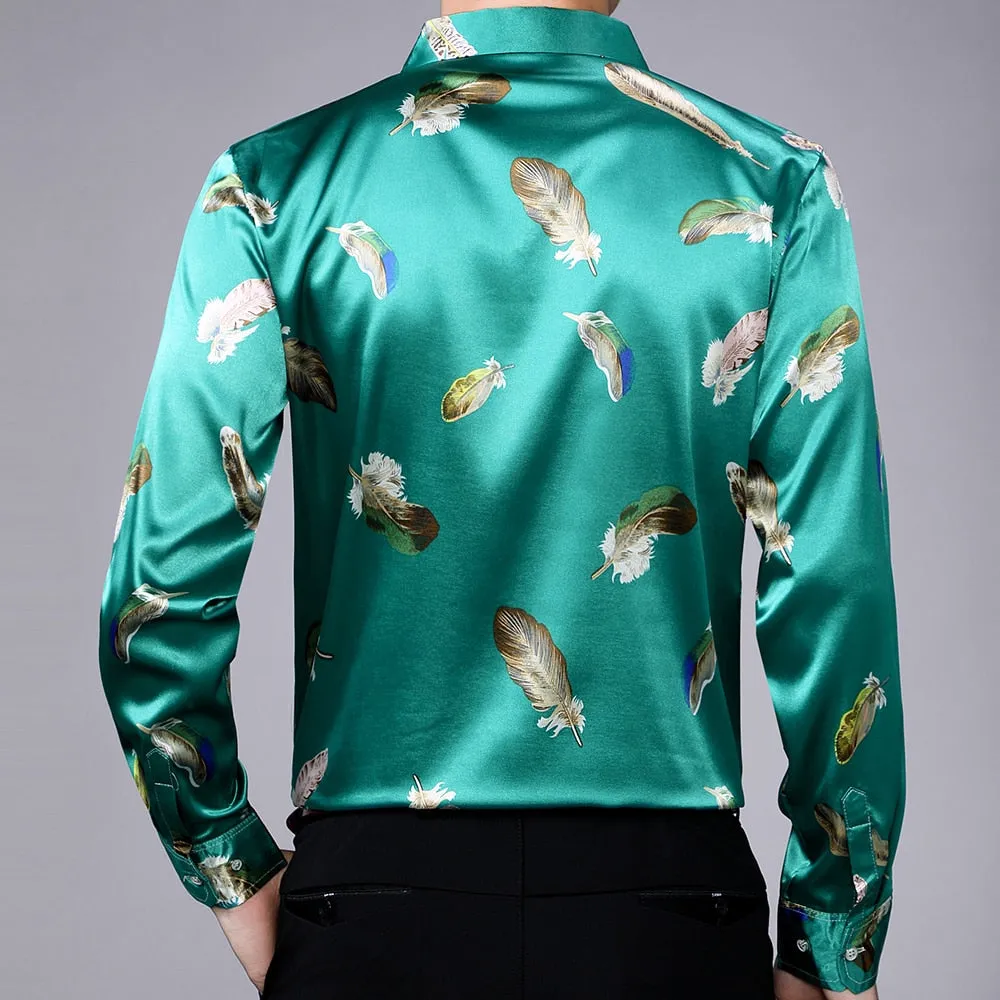 Men's Casual Streetwear Feather Printed Slim Regular Fit Long Sleeve Shirt