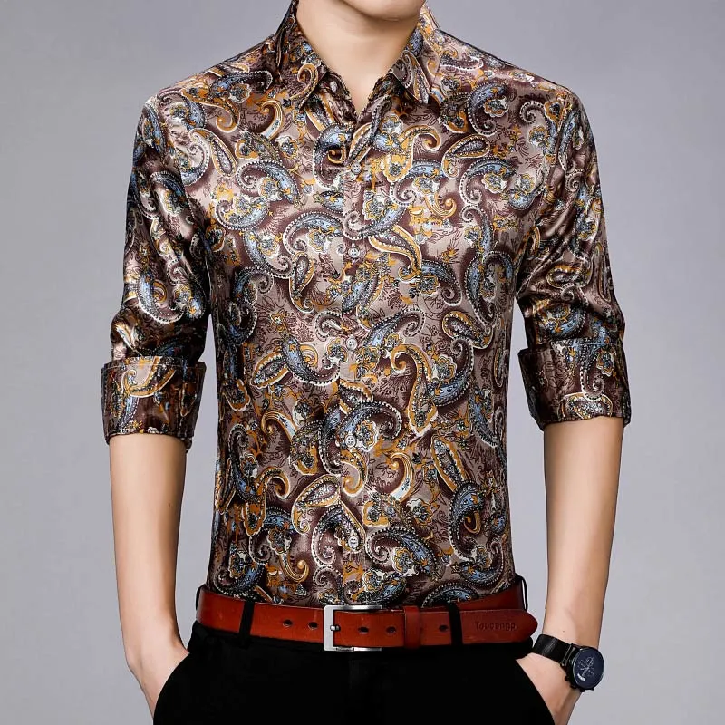 Men's Casual Streetwear Floral Printed Slim Regular Fit Long Sleeve Shirt