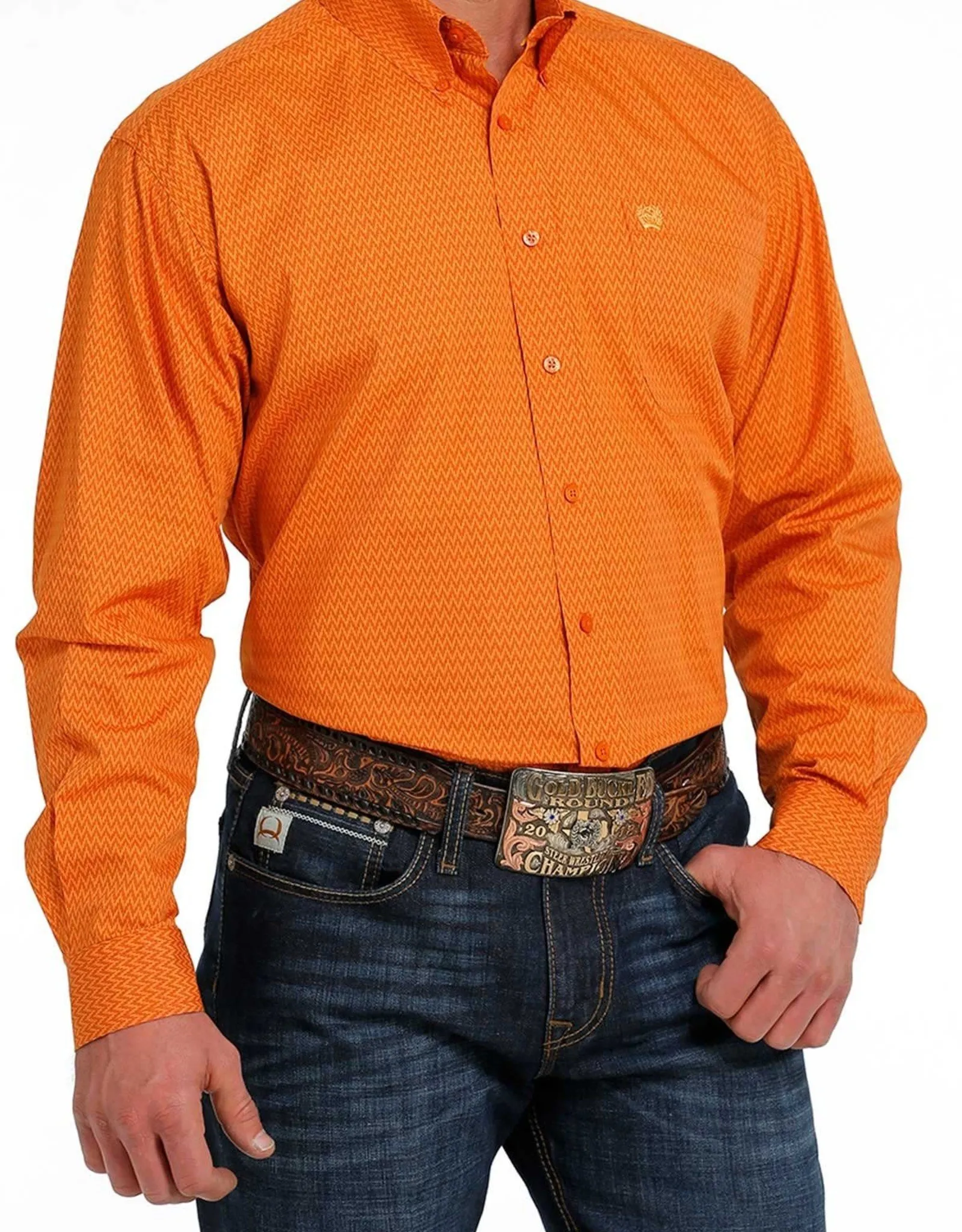 Mens Cinch Orange Chevron Long Sleeve Print Western Button Shirt