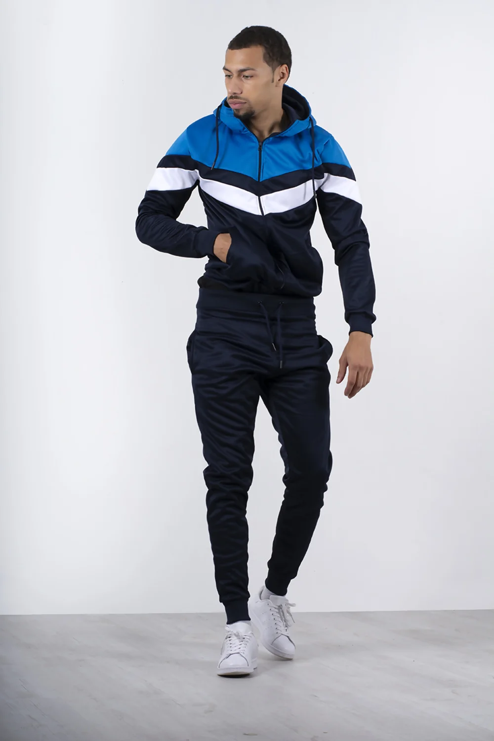 Mens Navy Colourblock Chevron Hooded Tracksuit