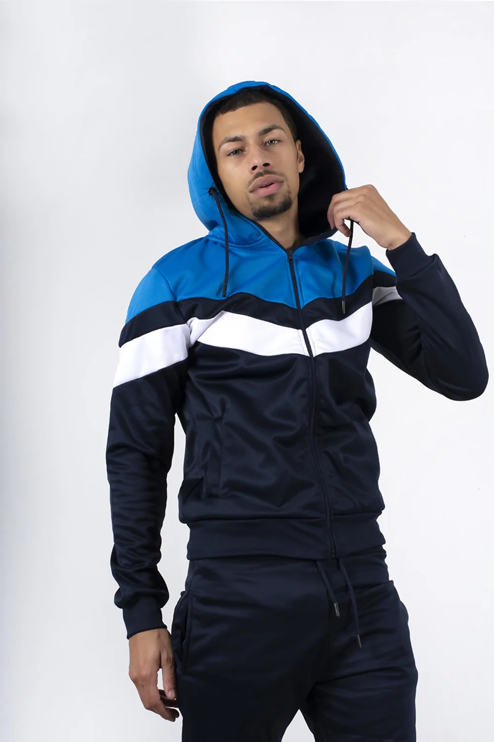 Mens Navy Colourblock Chevron Hooded Tracksuit