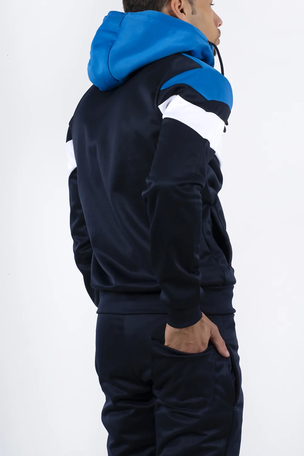 Mens Navy Colourblock Chevron Hooded Tracksuit