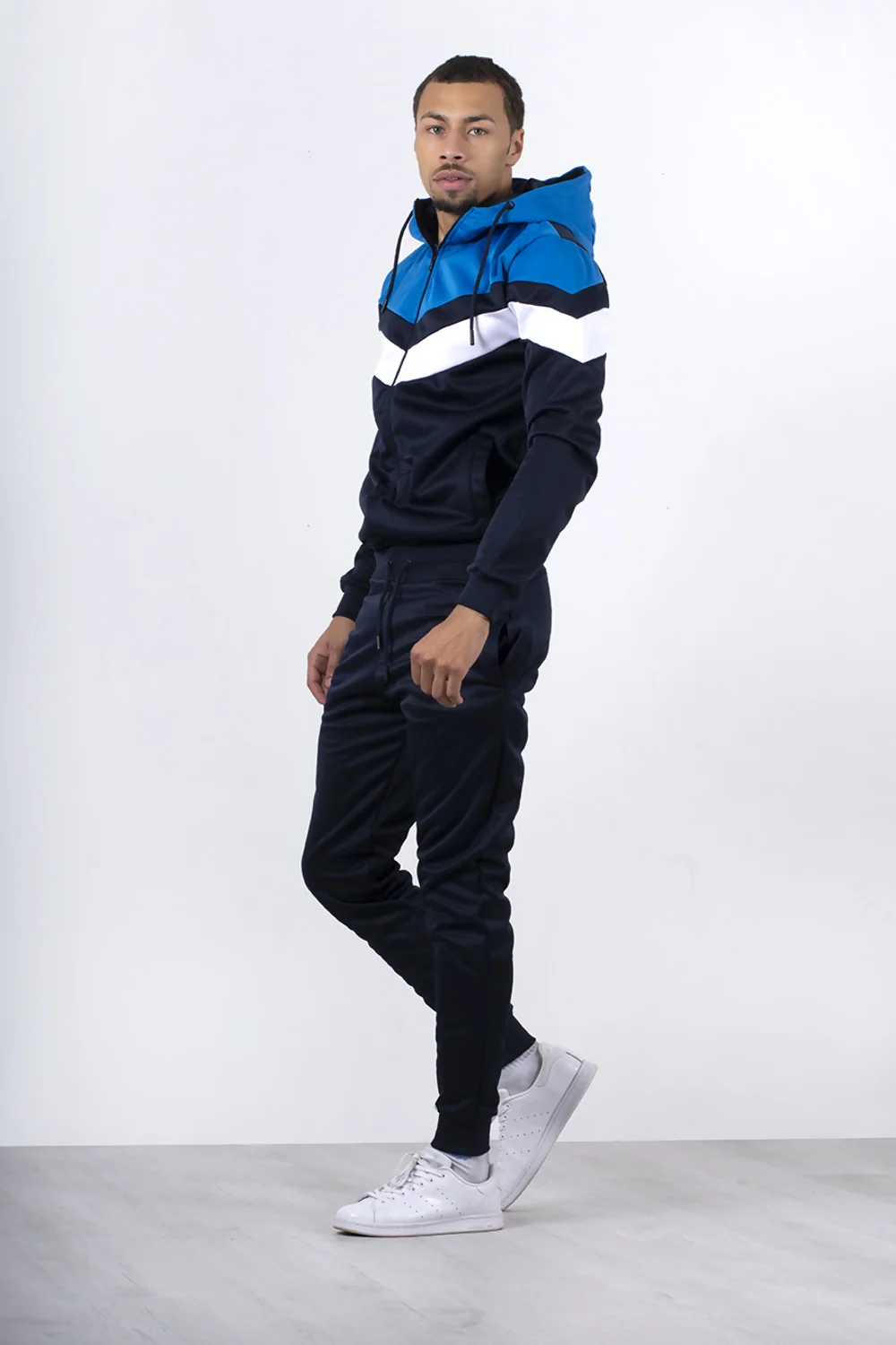 Mens Navy Colourblock Chevron Hooded Tracksuit