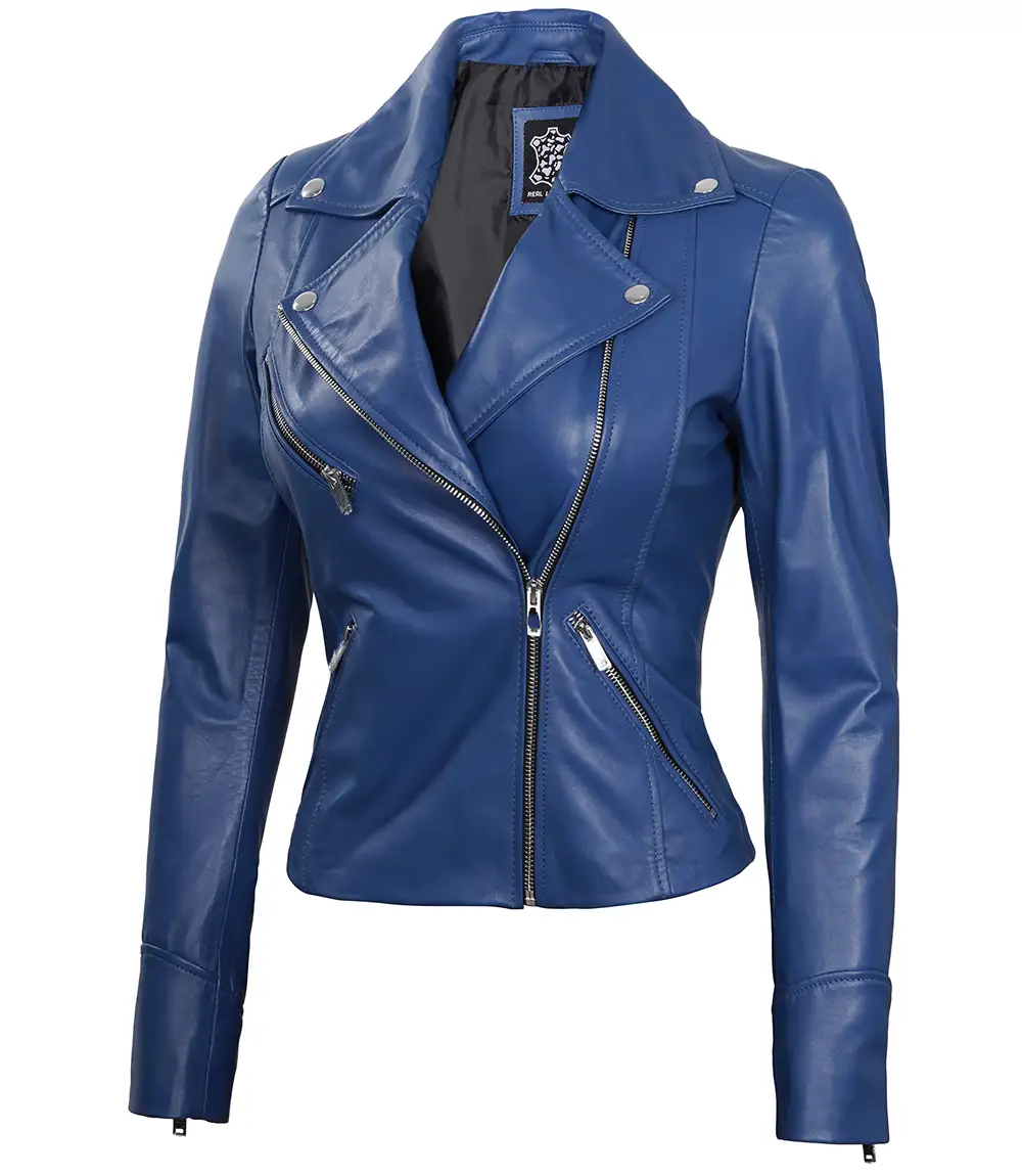 Ninfa Women Moto Style Blue Real Leather Jacket