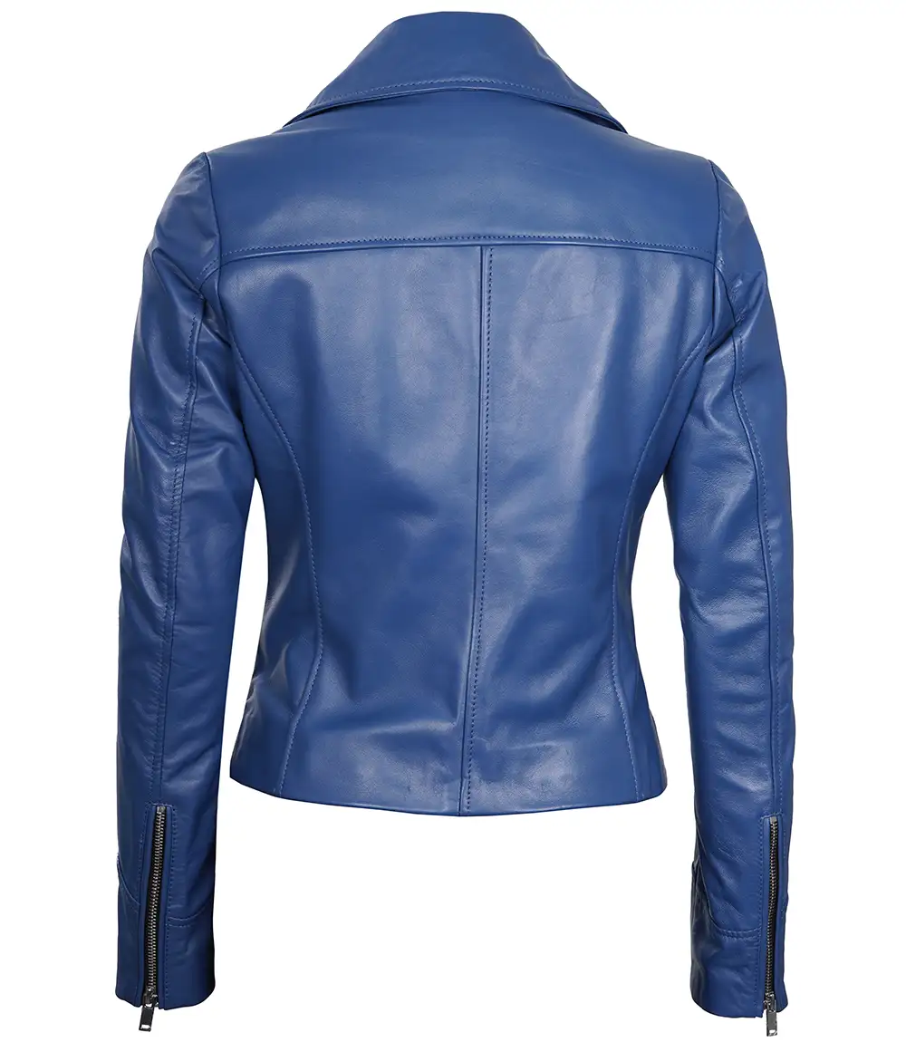 Ninfa Women Moto Style Blue Real Leather Jacket