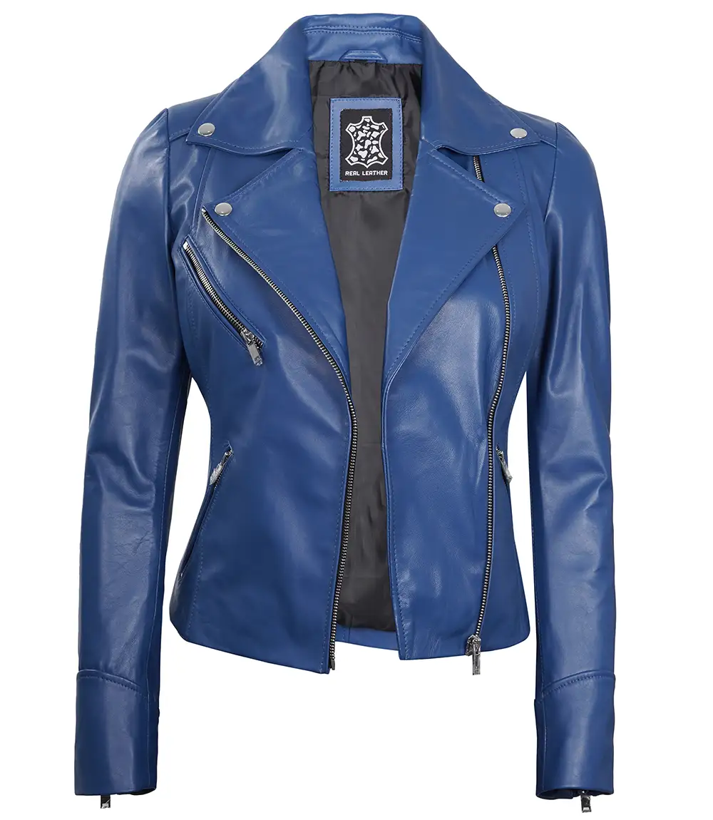 Ninfa Women Moto Style Blue Real Leather Jacket