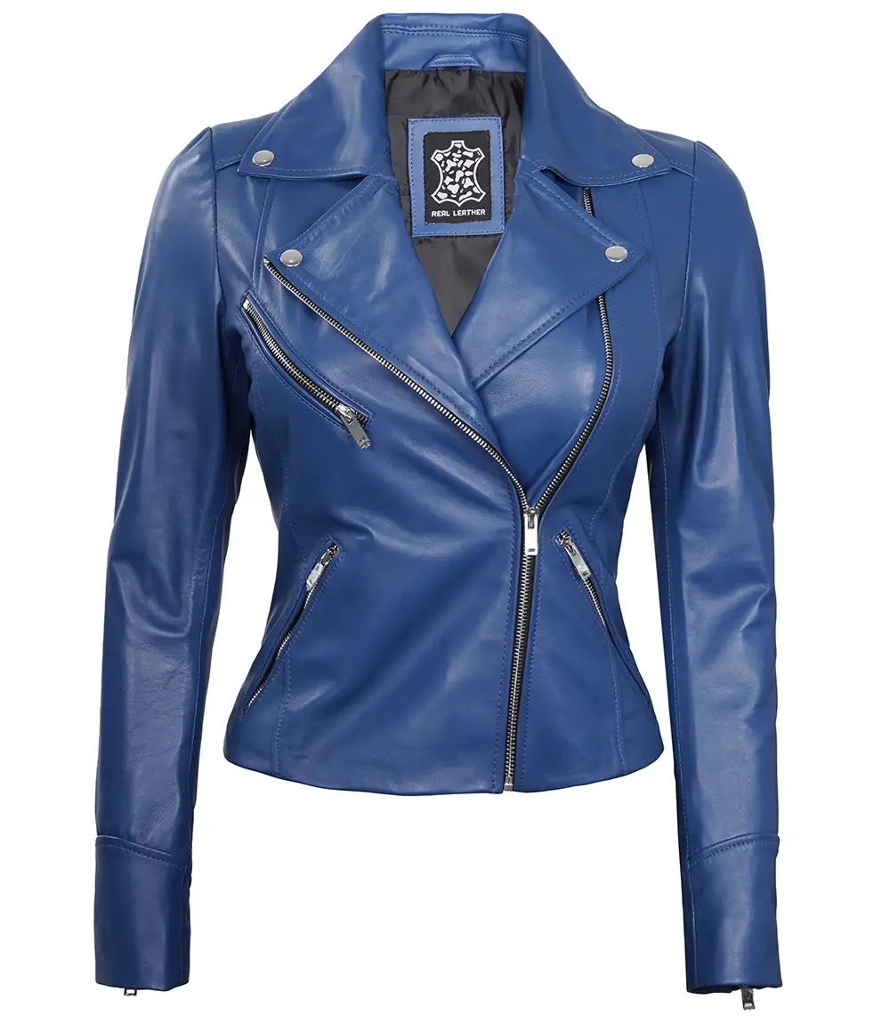 Ninfa Women Moto Style Blue Real Leather Jacket