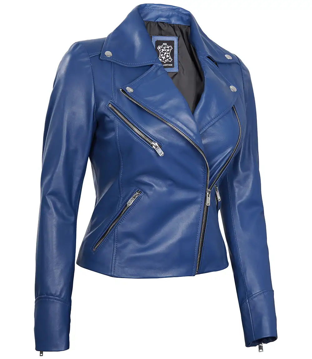 Ninfa Women Moto Style Blue Real Leather Jacket