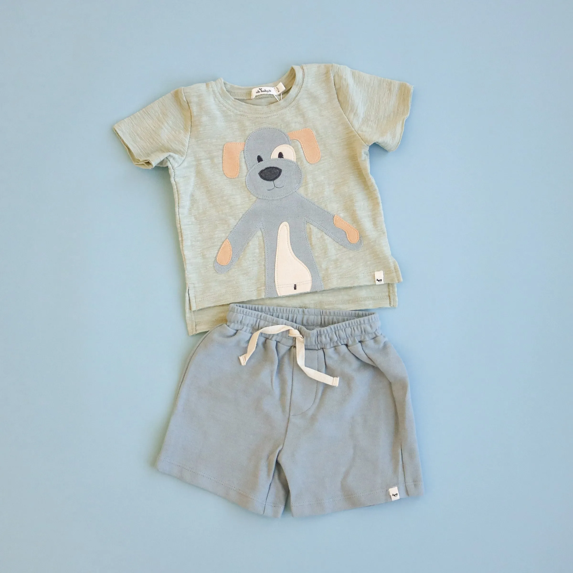 oh baby! Slub Raw Edge Tee - Large Puppy Mist Terry Applique - Sage Heather