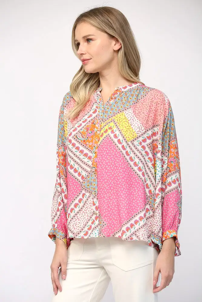 Patchwork Print Dolman Sleeve Top