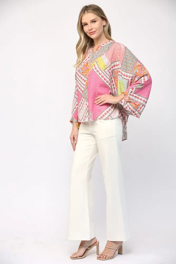 Patchwork Print Dolman Sleeve Top