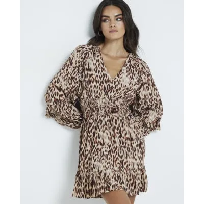 River Island Womens Beige Leopard Print Frill Swing Mini Dress