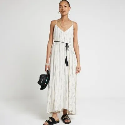 River Island Womens Beige Stripe Belted Swing Maxi Dress