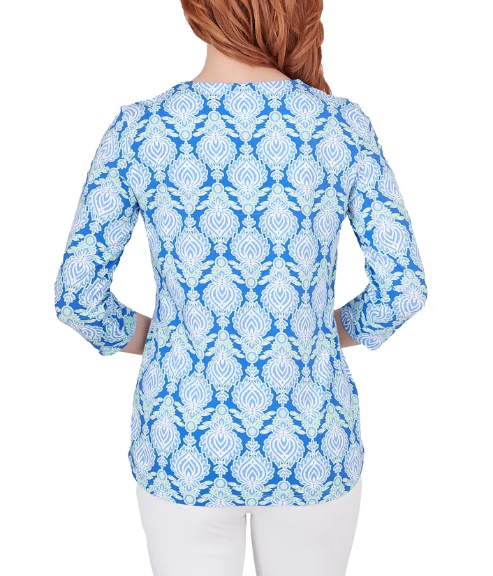 Ruby Rd. Womens Embellished Foulard Print Split Round Neck 3/4 Sleeve Knit Top