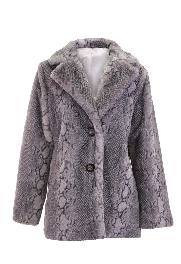 Snake Print Faux Fur Coat