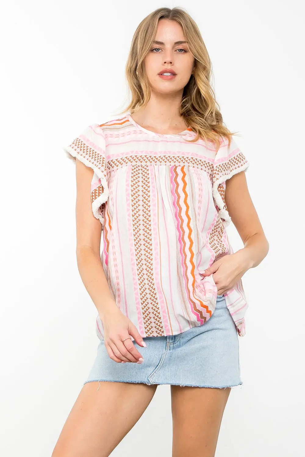 Striped Pattern Flutter Sleeve Top