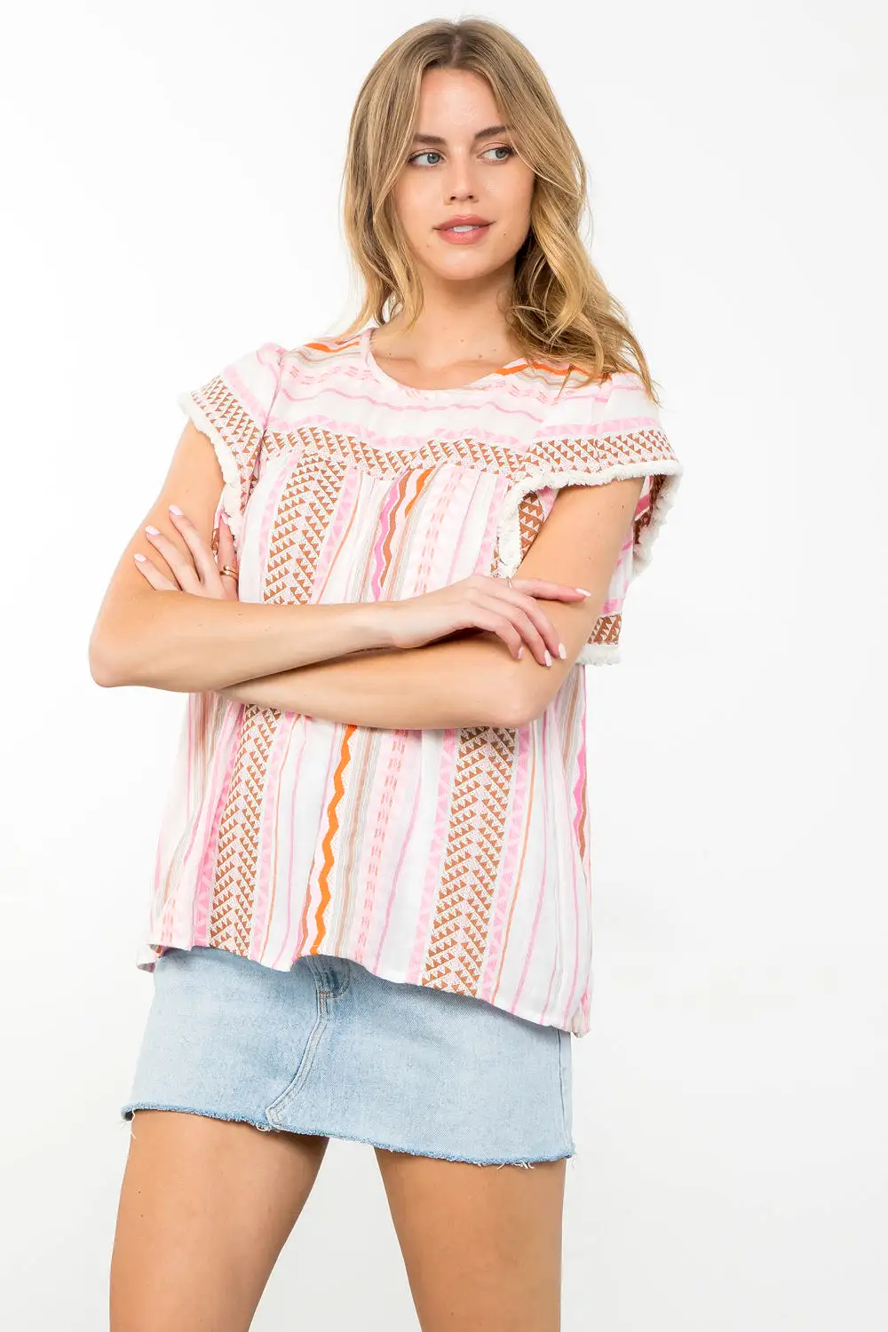 Striped Pattern Flutter Sleeve Top