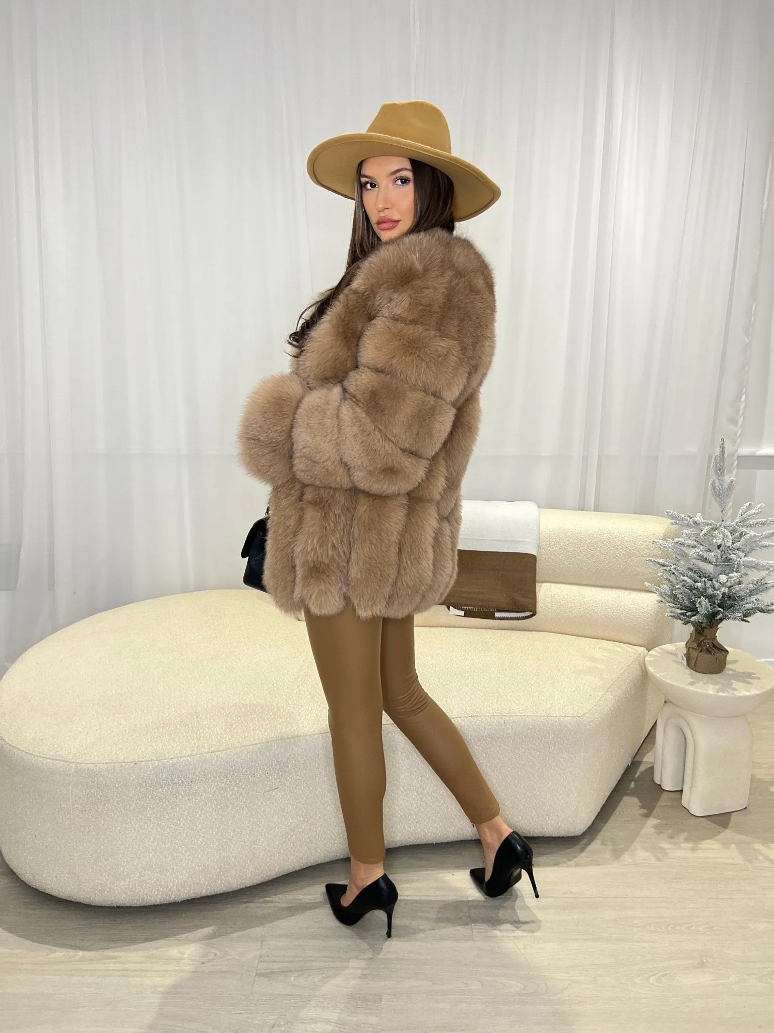 Tan Luxury Fur Mid Length Coat