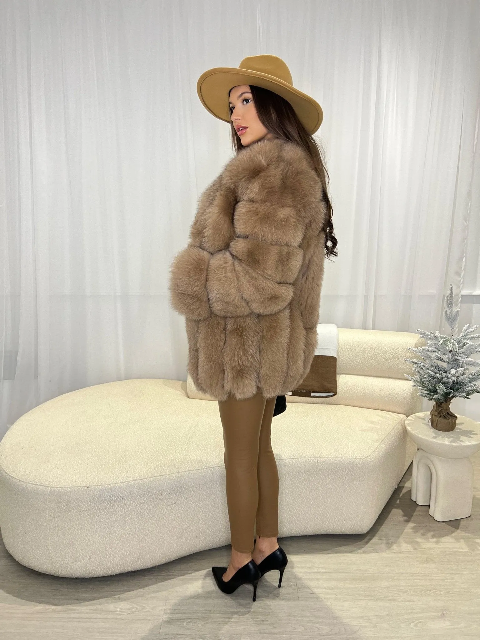 Tan Luxury Fur Mid Length Coat