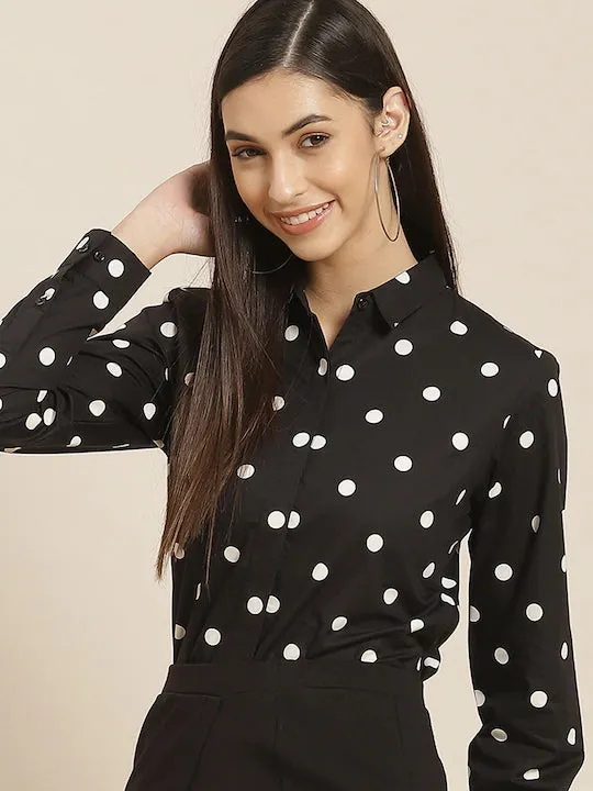 Women Black & White Printed Pure Cotton Slim Fit Formal Shirt