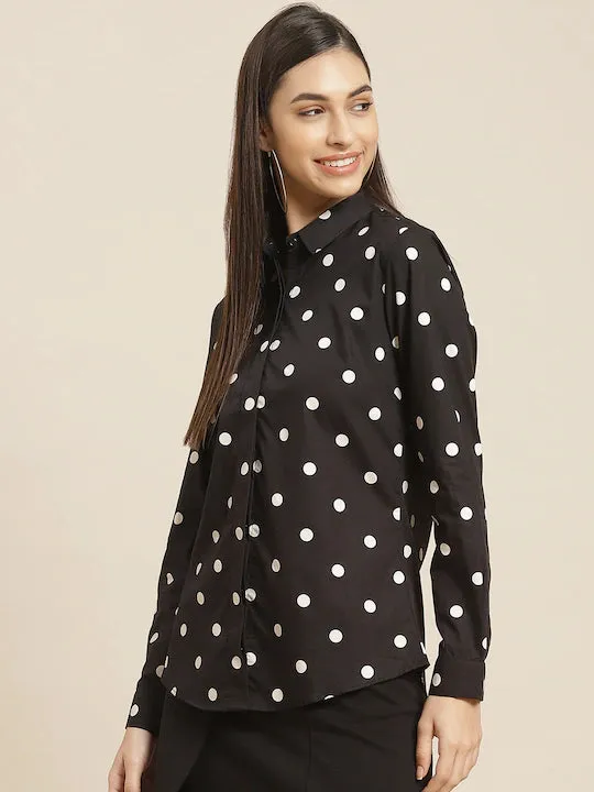 Women Black & White Printed Pure Cotton Slim Fit Formal Shirt