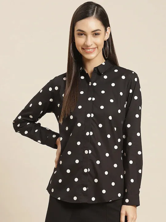 Women Black & White Printed Pure Cotton Slim Fit Formal Shirt