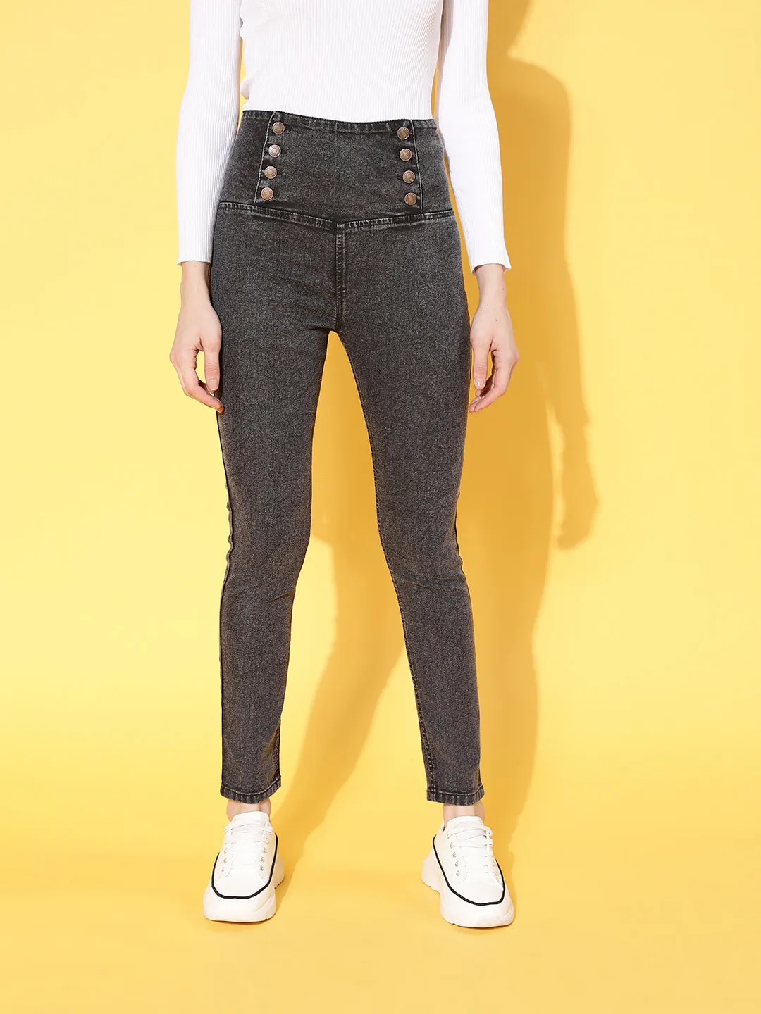 Women Black Washed Side Button High Waist Jeans