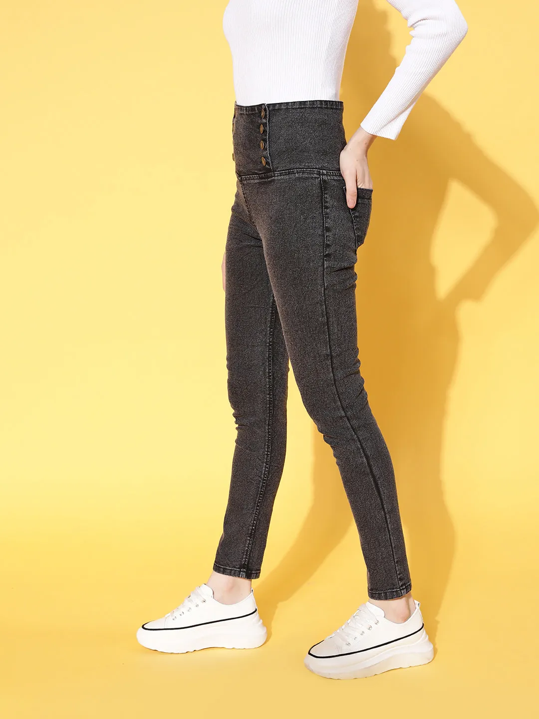 Women Black Washed Side Button High Waist Jeans