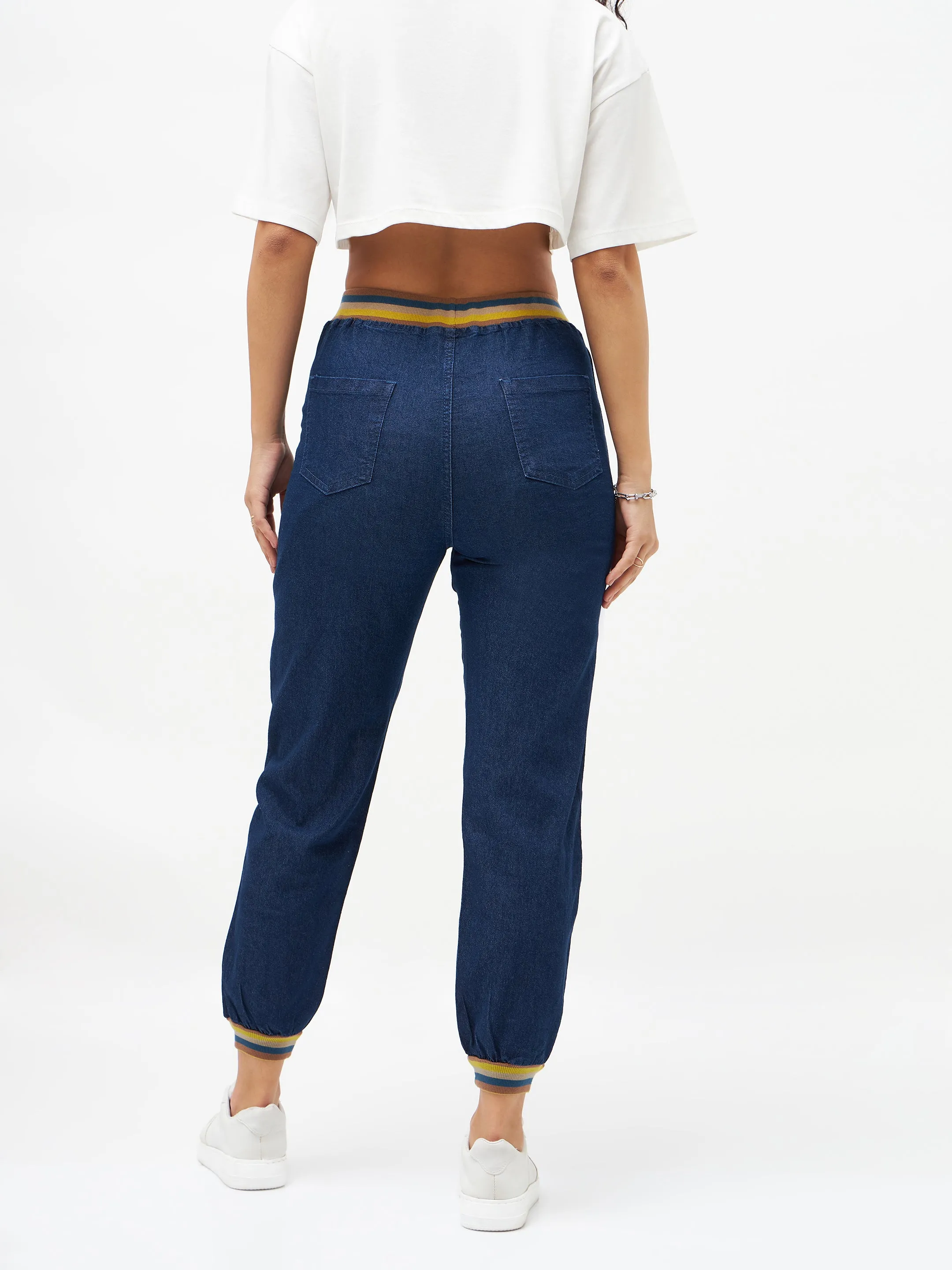 Women Navy Denim Striped Rib Jogger Jeans