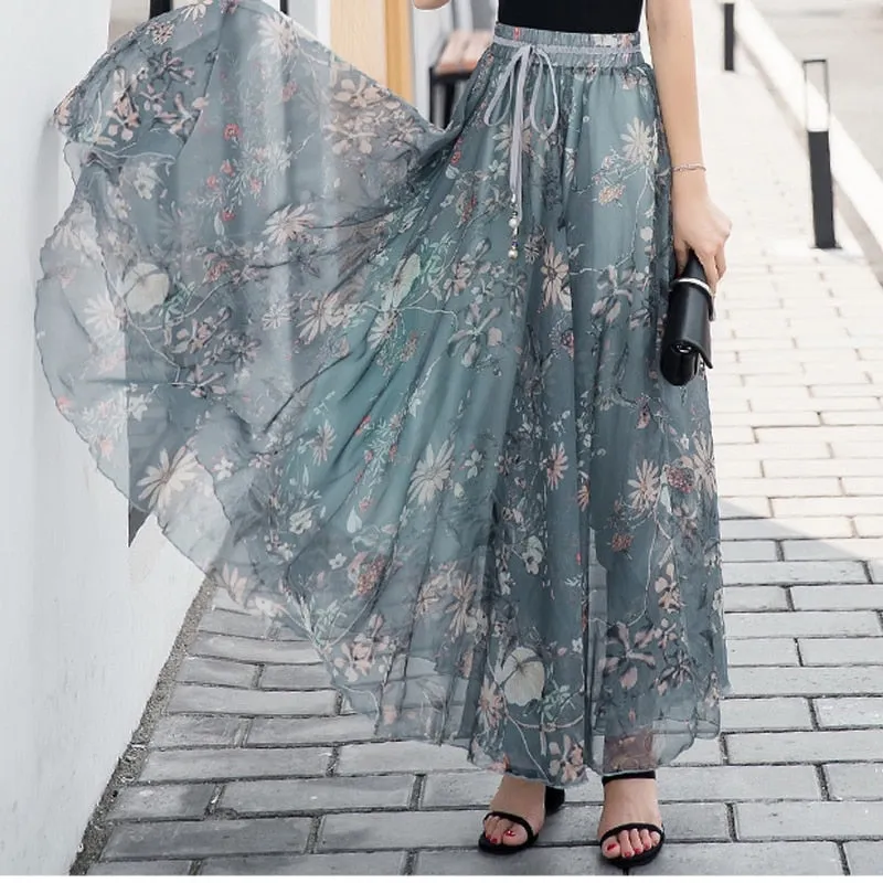 Womens Elastic High-Waist Chiffon Skirt Elegant Long Ladies Beach Holiday 8M Big-Swing Female Bohemia Half-Long Skirt