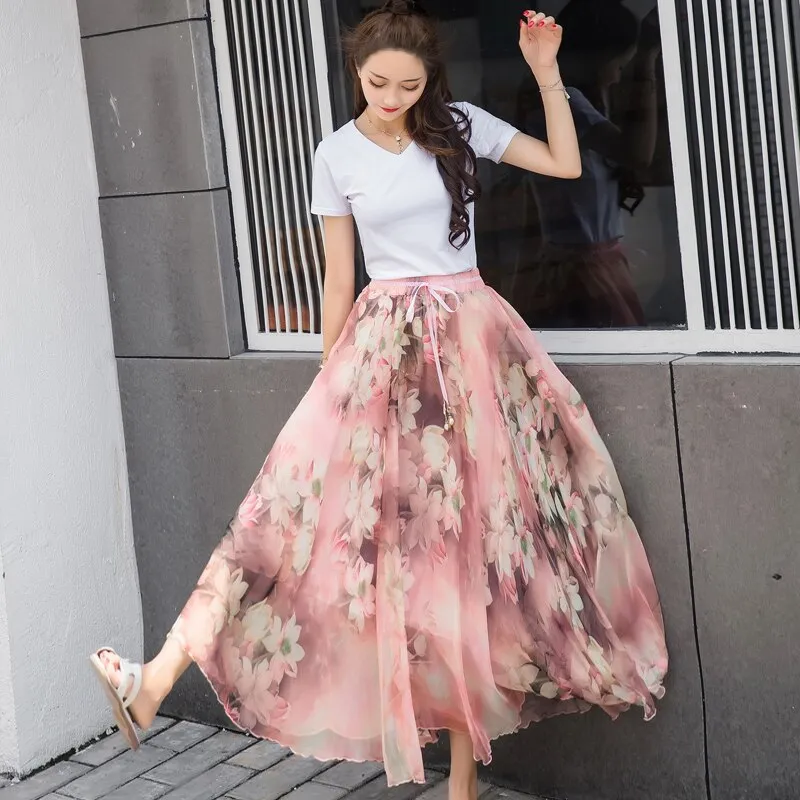 Womens Elastic High-Waist Chiffon Skirt Elegant Long Ladies Beach Holiday 8M Big-Swing Female Bohemia Half-Long Skirt