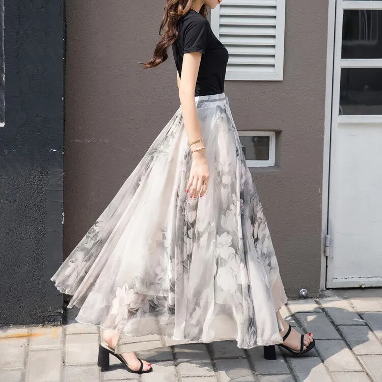 Womens Elastic High-Waist Chiffon Skirt Elegant Long Ladies Beach Holiday 8M Big-Swing Female Bohemia Half-Long Skirt