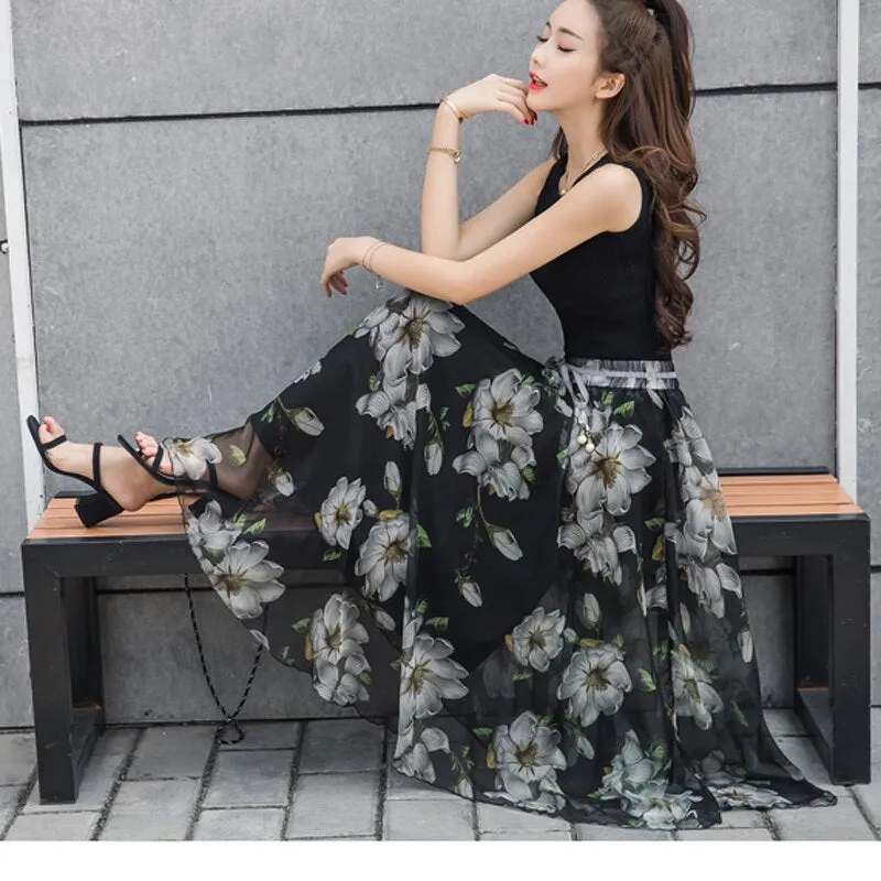 Womens Elastic High-Waist Chiffon Skirt Elegant Long Ladies Beach Holiday 8M Big-Swing Female Bohemia Half-Long Skirt