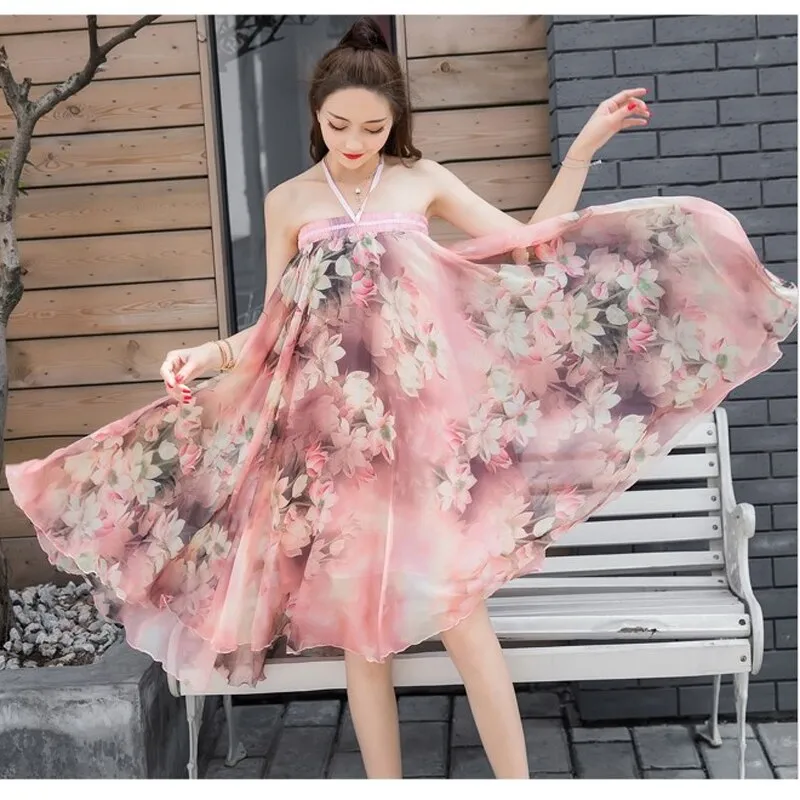 Womens Elastic High-Waist Chiffon Skirt Elegant Long Ladies Beach Holiday 8M Big-Swing Female Bohemia Half-Long Skirt