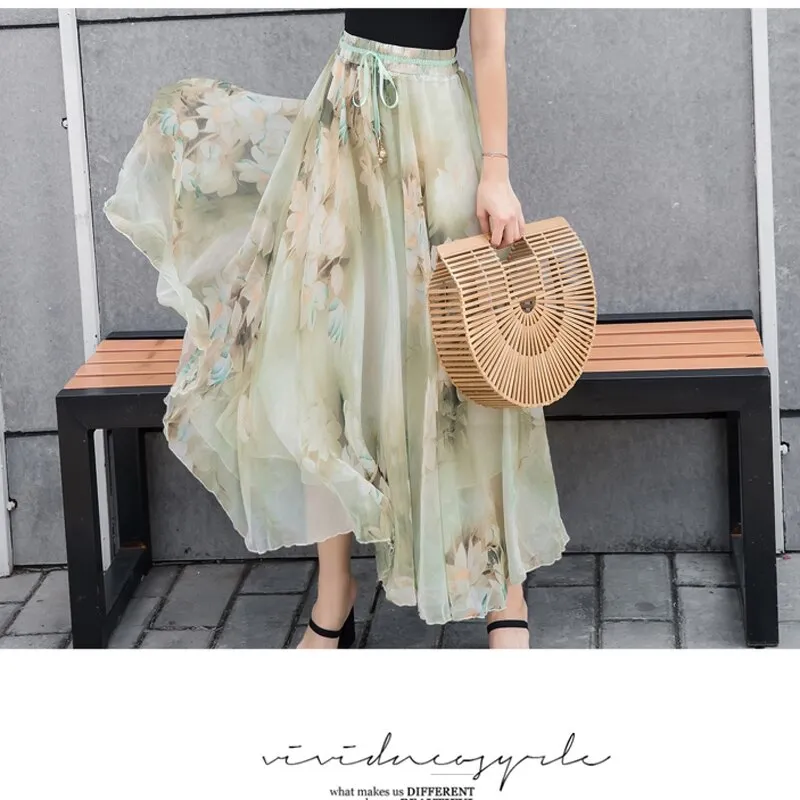 Womens Elastic High-Waist Chiffon Skirt Elegant Long Ladies Beach Holiday 8M Big-Swing Female Bohemia Half-Long Skirt