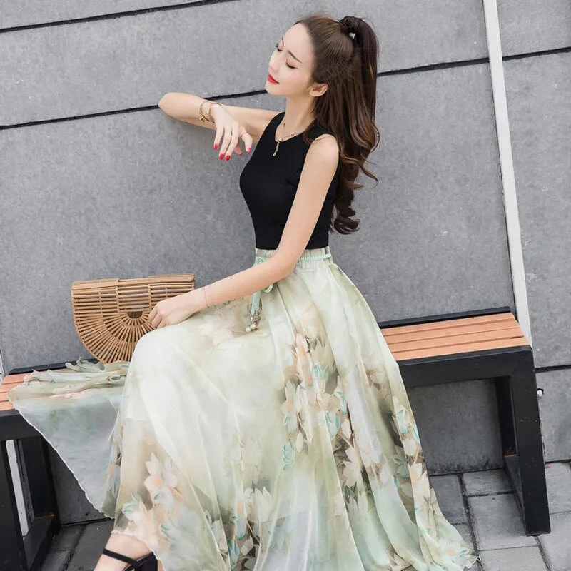 Womens Elastic High-Waist Chiffon Skirt Elegant Long Ladies Beach Holiday 8M Big-Swing Female Bohemia Half-Long Skirt