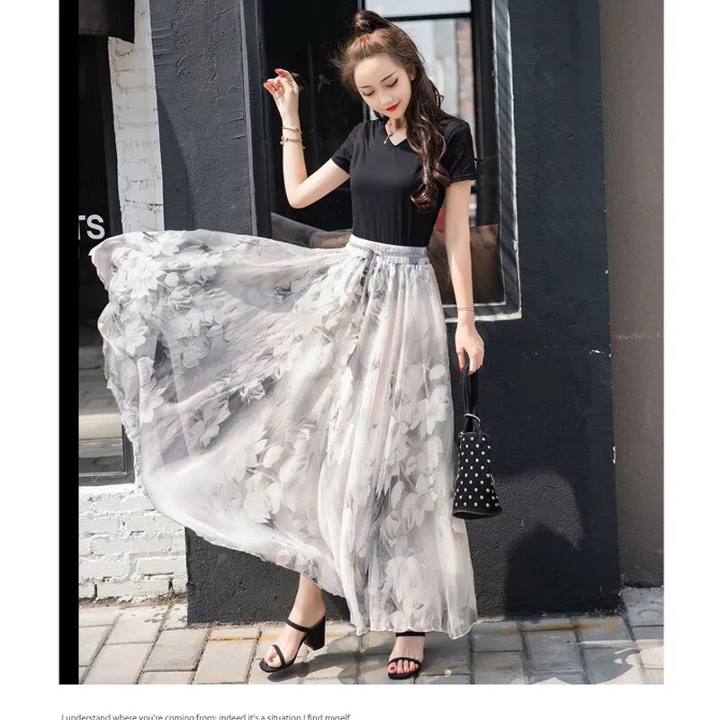 Womens Elastic High-Waist Chiffon Skirt Elegant Long Ladies Beach Holiday 8M Big-Swing Female Bohemia Half-Long Skirt