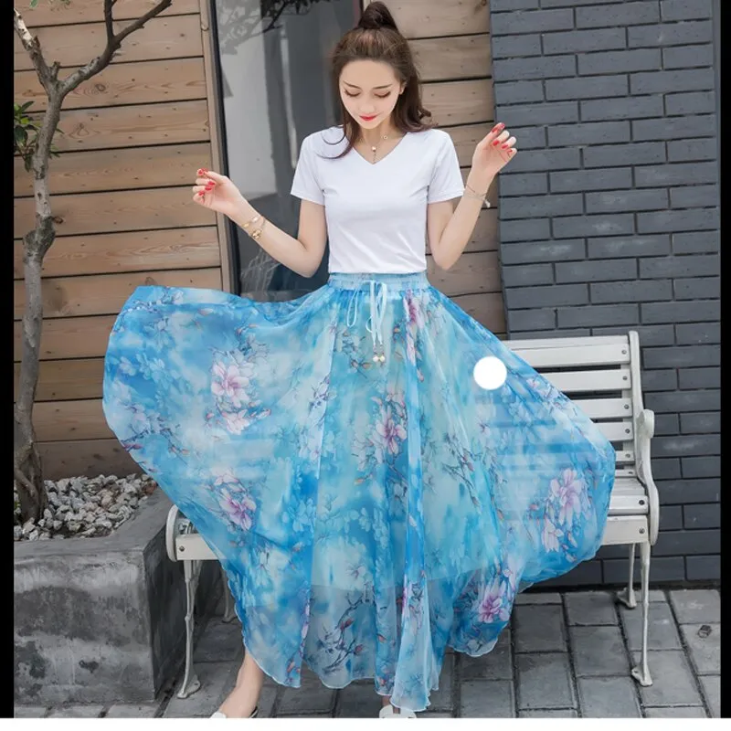 Womens Elastic High-Waist Chiffon Skirt Elegant Long Ladies Beach Holiday 8M Big-Swing Female Bohemia Half-Long Skirt