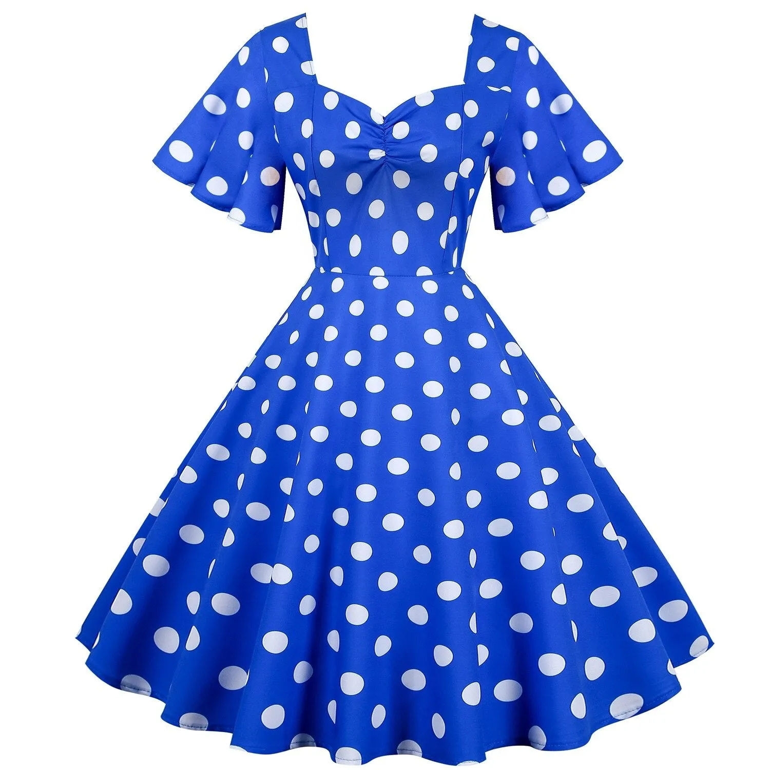 Womens Hepburn Tunic Midi Dress 50s Short Sleeve V-Neck Ladies Polka Dot Robe Femme Vestidos Boho Beach Holiday Swing Dresses