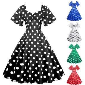 Womens Hepburn Tunic Midi Dress 50s Short Sleeve V-Neck Ladies Polka Dot Robe Femme Vestidos Boho Beach Holiday Swing Dresses