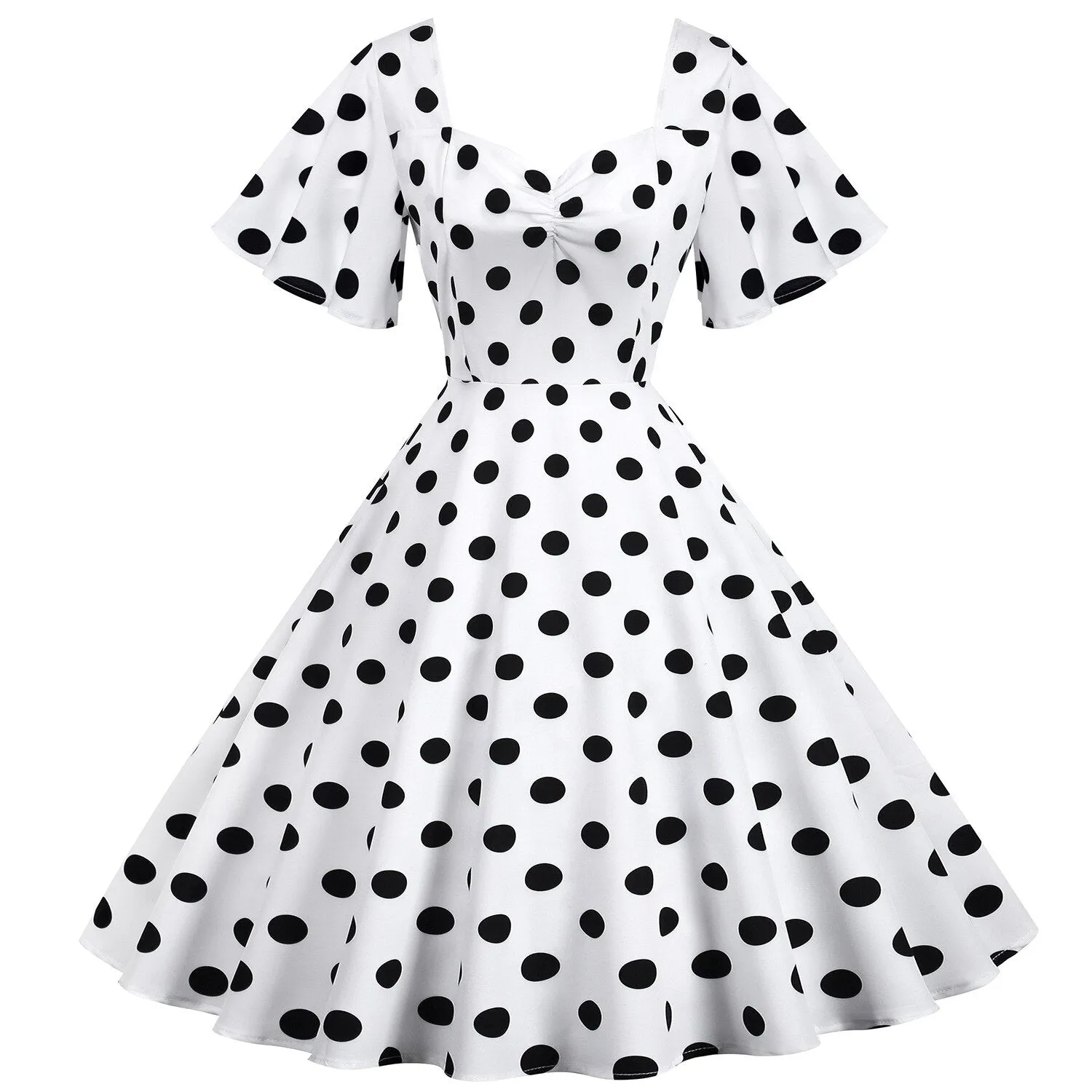 Womens Hepburn Tunic Midi Dress 50s Short Sleeve V-Neck Ladies Polka Dot Robe Femme Vestidos Boho Beach Holiday Swing Dresses