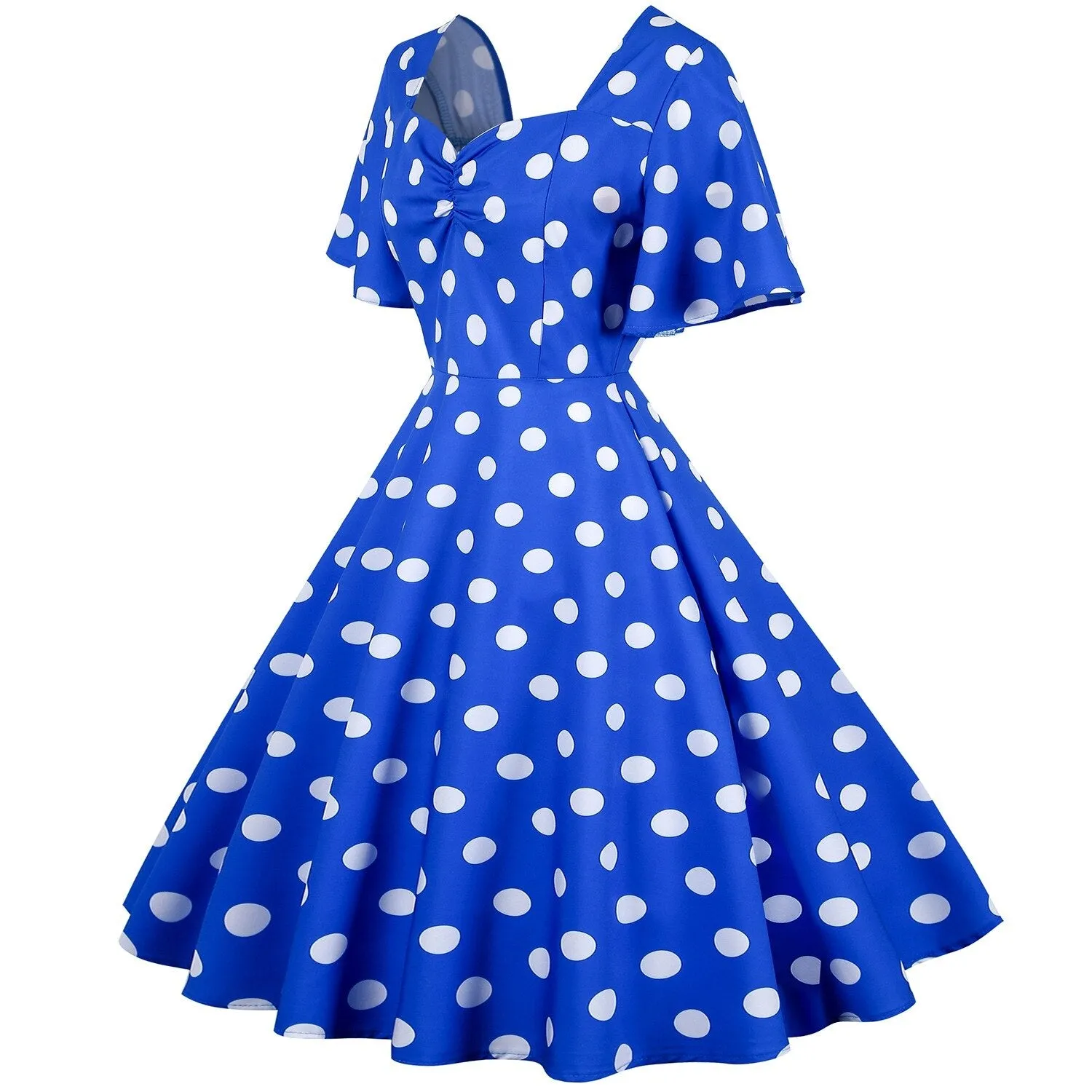 Womens Hepburn Tunic Midi Dress 50s Short Sleeve V-Neck Ladies Polka Dot Robe Femme Vestidos Boho Beach Holiday Swing Dresses