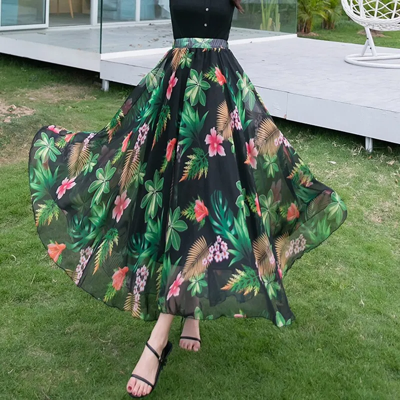 Womens printing 720 Big-Swing Skirt Elegant Fashion Female High Waist Show Temperament A-line Elegant Holiday Office Long Skirt