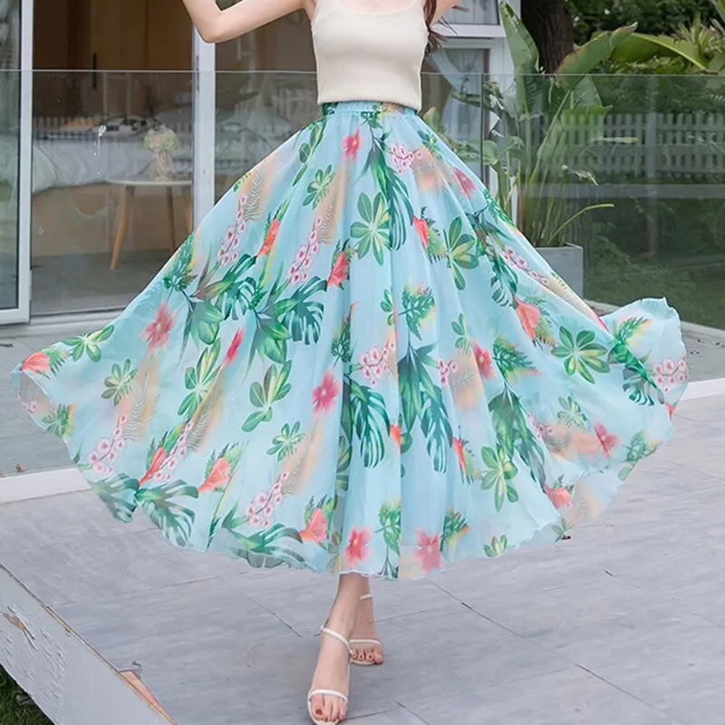 Womens printing 720 Big-Swing Skirt Elegant Fashion Female High Waist Show Temperament A-line Elegant Holiday Office Long Skirt