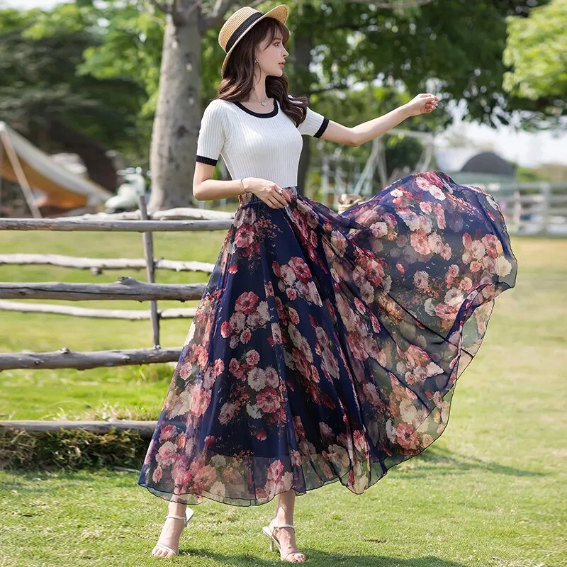 Womens printing 720 Big-Swing Skirt Elegant Fashion Female High Waist Show Temperament A-line Elegant Holiday Office Long Skirt