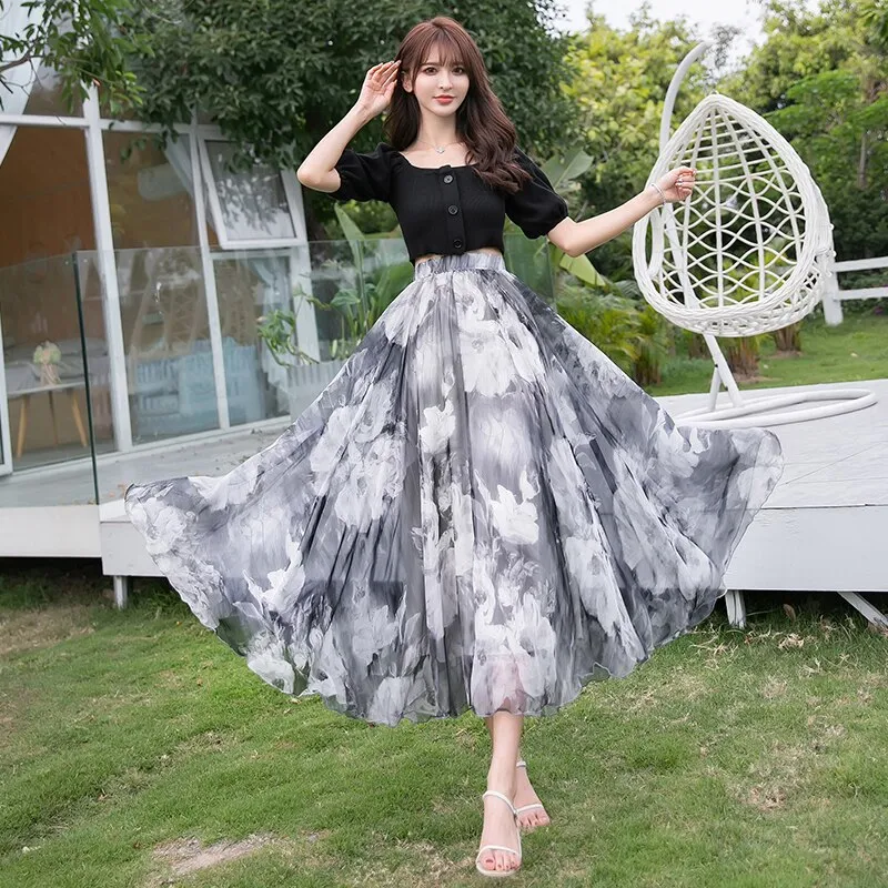 Womens printing 720 Big-Swing Skirt Elegant Fashion Female High Waist Show Temperament A-line Elegant Holiday Office Long Skirt